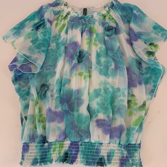 Massini Shirred Floral Blouse Flutter Angel Sleeves Size Large - Picture 12 of 12
